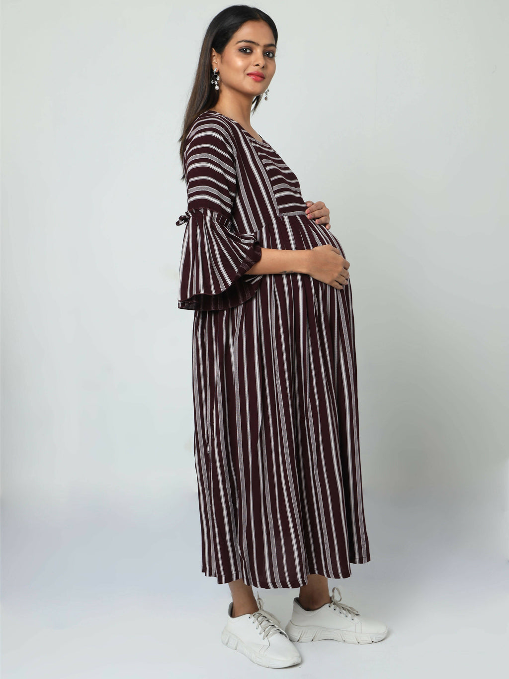 Manet Three Fourth Maternity Dress Striped With Concealed Zipper Nursing Access - Brown | Grocsy