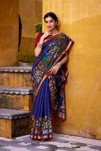 Vastranavya Blue Viscose Chanderi Kalamkari Print with Zari Working Saree & Unstitched Blouse | Grocsy