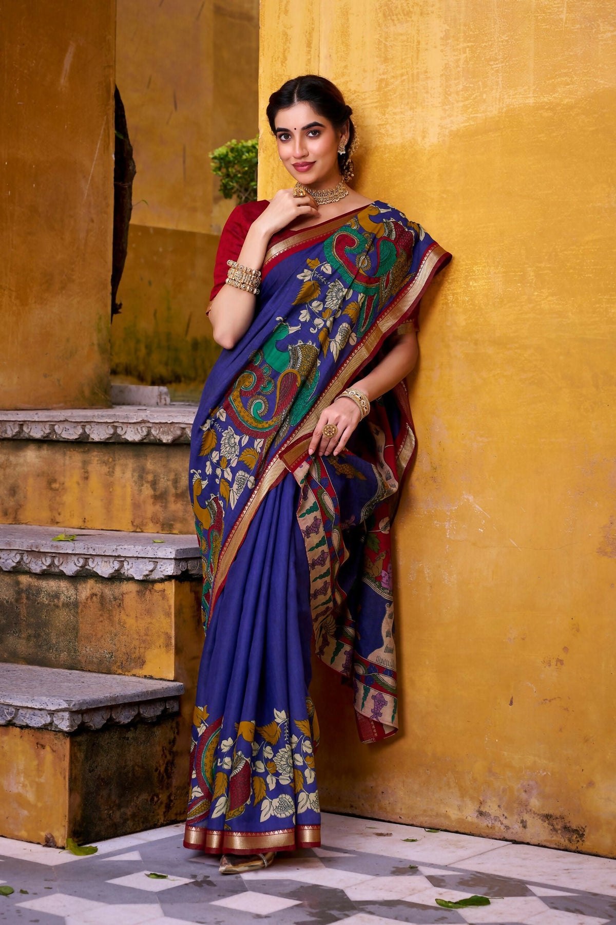 Vastranavya Blue Viscose Chanderi Kalamkari Print with Zari Working Saree & Unstitched Blouse | Grocsy