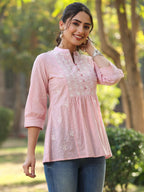 Juniper Women's Pink Cotton Solid With Embroidered Straight Tunic | Grocsy