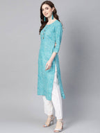 Yufta Women Blue & Off-White Leheriya Dyed Straight Kurta | Grocsy