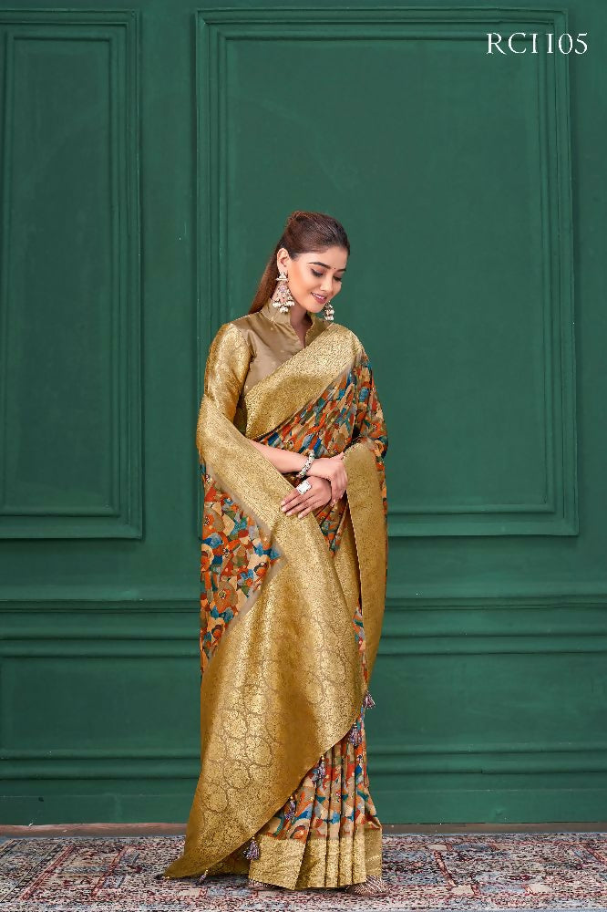 Chiku Tussar Silk Jacquard Abstract Digital Print Saree with Unstitched Blouse - Mohira | Grocsy