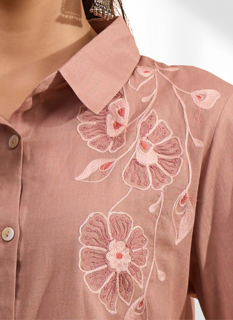 Joban Fashion Powder Pink Cotton, Linen Embroidered Readymade Cord Set | Grocsy