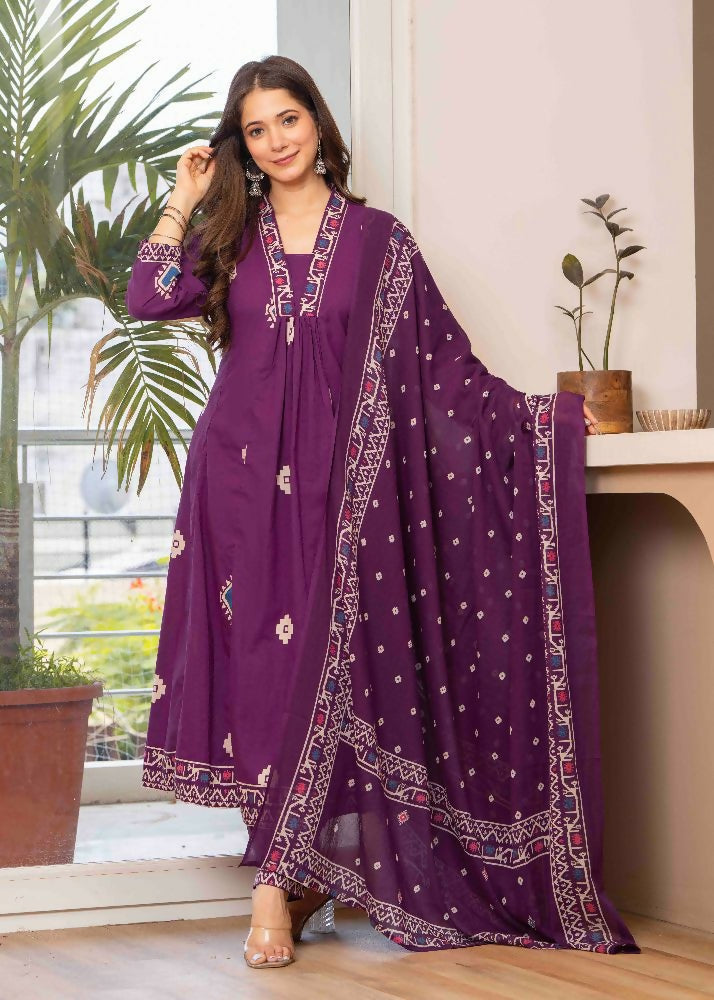 Jaimini Women Cotton Printed V-Neck 3/4 Sleeves Calf Length Flared Kurta Pant And Dupatta Set | Grocsy