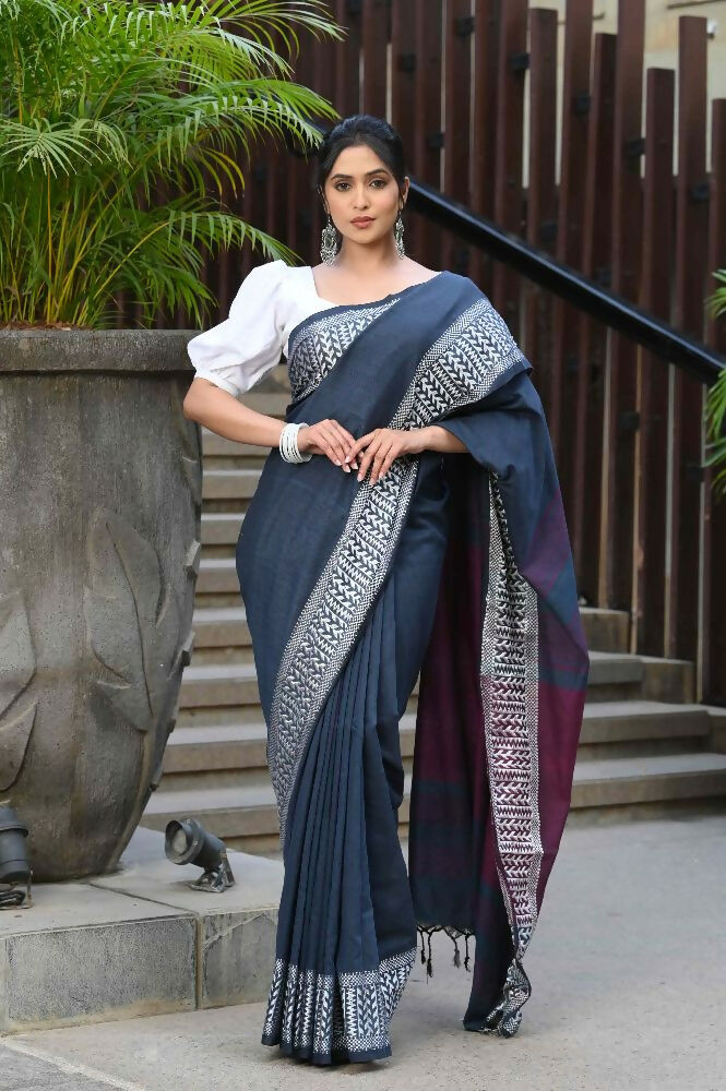 Beatitude Blue Cotton Jacquard Border Tangail Handloom Saree | Grocsy