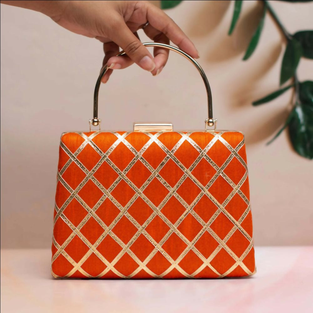 Joban Fashion Gota Patti Fabric Clutch - Orange | Grocsy