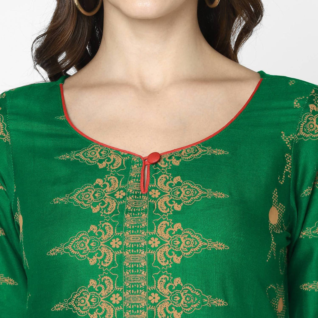 Cheera Hand Block Print Bottle Green & Skin Color Straight Kurta With Palazzo (MAAI-091K) | Grocsy