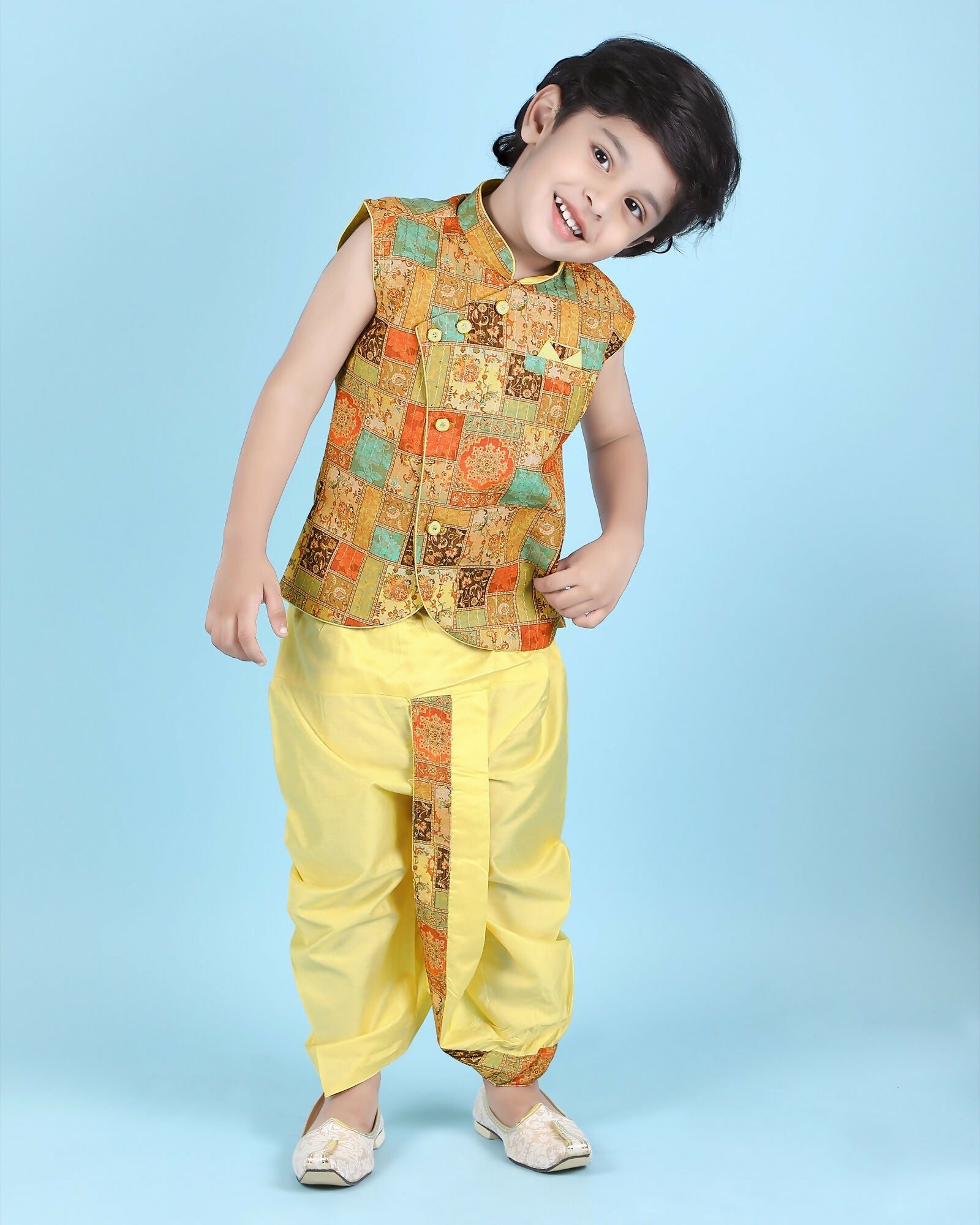 Joban Fashion Kids Island Cotton Sleeveless printed Kurta and Solid Dhoti - Yellow | Grocsy