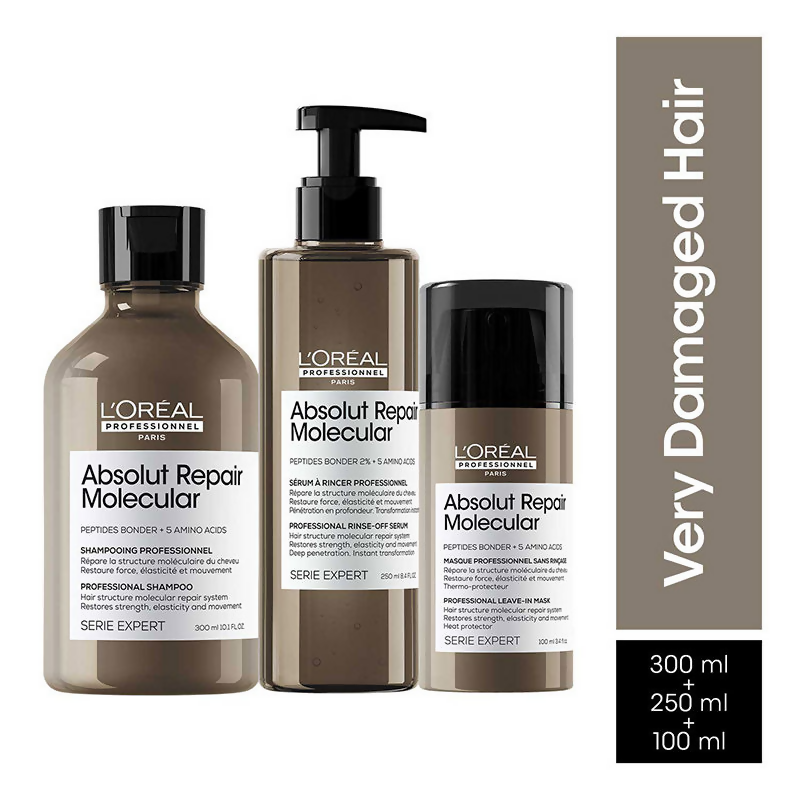 L'Oreal Professionnel Absolut Repair Molecular Shampoo, Rinse-Off Serum & Leave-In Mask Damaged Hair | Grocsy