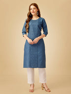 Jyoti Fashion Women's Denim Blue Cotton Blend Embroidered Kurta Pant Set | Grocsy