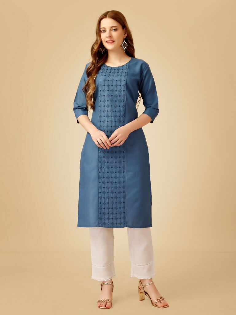 Jyoti Fashion Women's Denim Blue Cotton Blend Embroidered Kurta Pant Set | Grocsy
