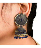 Mominos Fashion Joharkamal Gold-Polished Meenakari Jhumkas For Women & Girls (Blue)