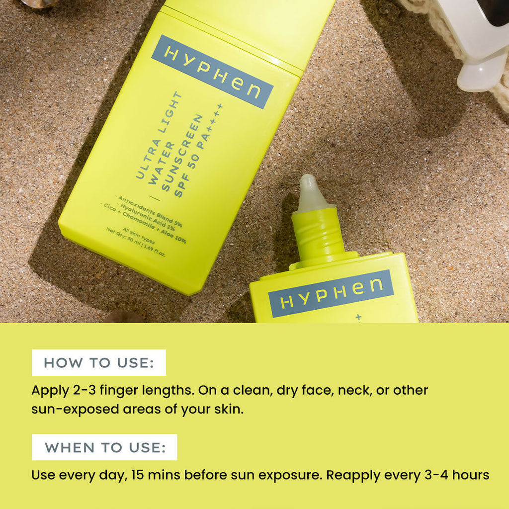 Hyphen By Kriti Sanon Ultra Light Water Sunscreen SPF 50 PA++++ UVA-UVB & Blue Light Protection, No White Cast, For Men & Women | Grocsy