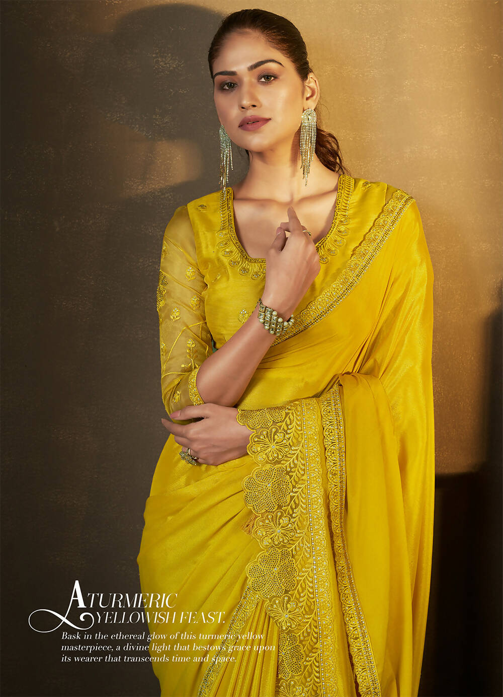 Mustard Satin Silk Floral Embroidered with Swaroski Work Saree With Unstitched Blouse Piece - Norita Royal Erisha | Grocsy