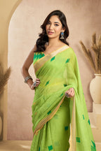 Vastranavya Mint Green Digital Printed Linen Ready To Wear Pocket Saree with Unstitched Blouse | Grocsy
