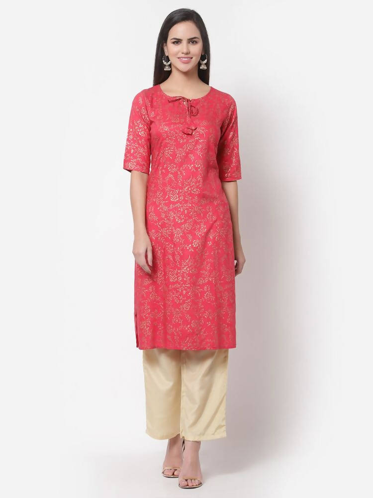 Myshka Women's Pink Rayon Printed Regular Sleeves Round Neck Casual Kurta | Grocsy