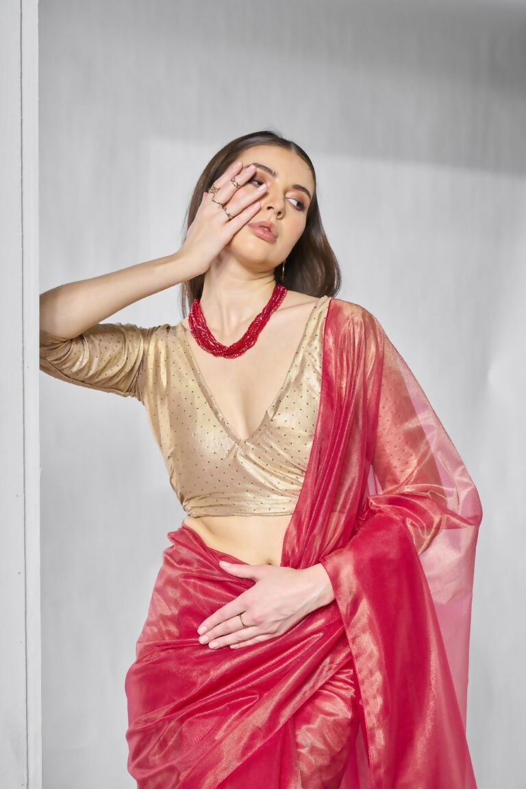 Red Gold Tissue Net Solid & Gold Cotted Saree - Samaa | Grocsy