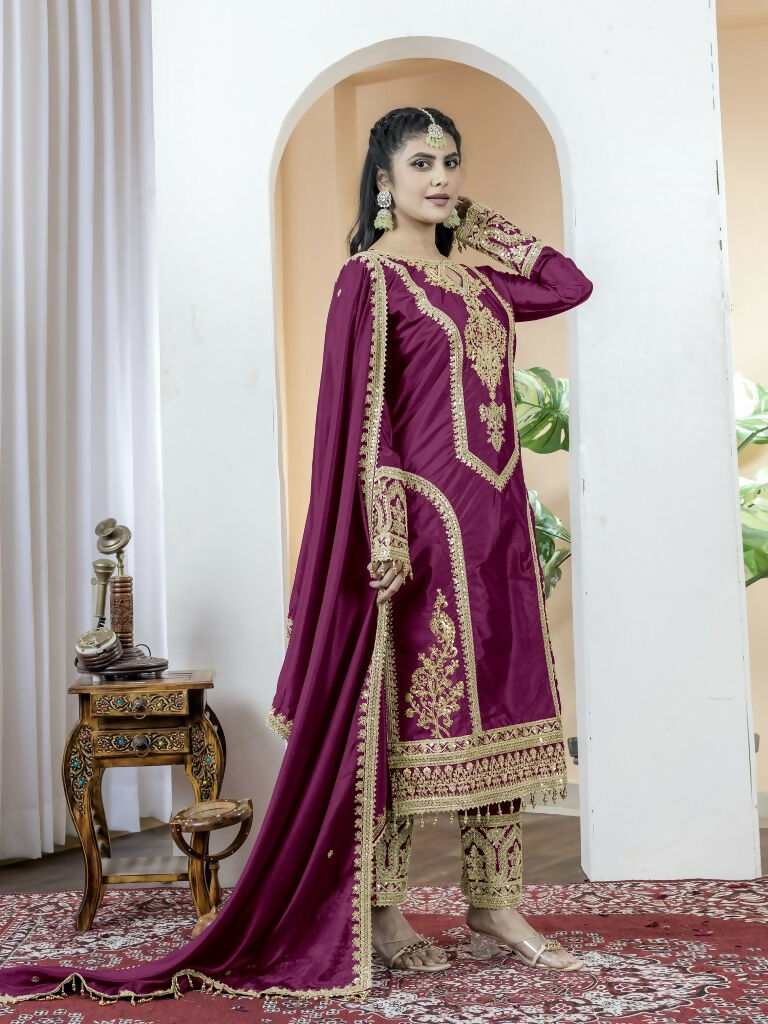 Teeya Creation Wine Color Chinnon Silk Embroidery Work Fully Stitched Salwar Suit | Grocsy