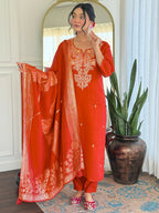 The52 Rust Women's Gorgeous Roman Silk Fabric Straight Kurta, Pant and Dupatta Set | Grocsy