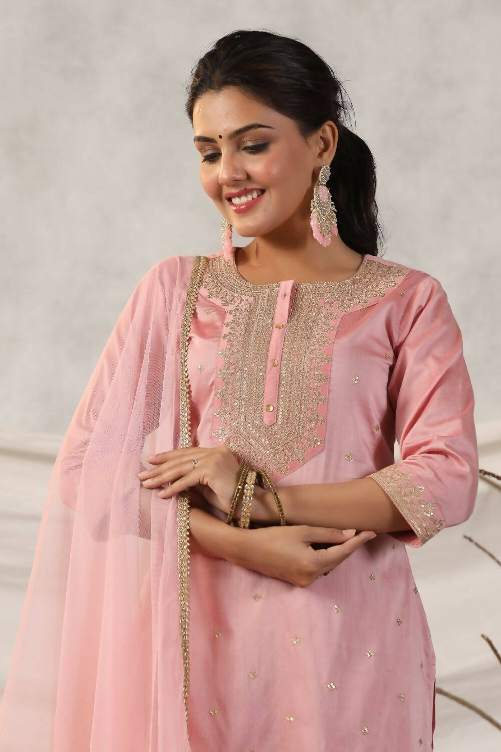 Juniper Women Peach Embroidered Kurta, Pants and Dupatta Set | Grocsy