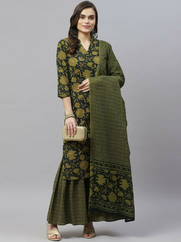 Miravan Women's Cotton Floral Straight Kurta & Sharara With Dupatta Set | Grocsy