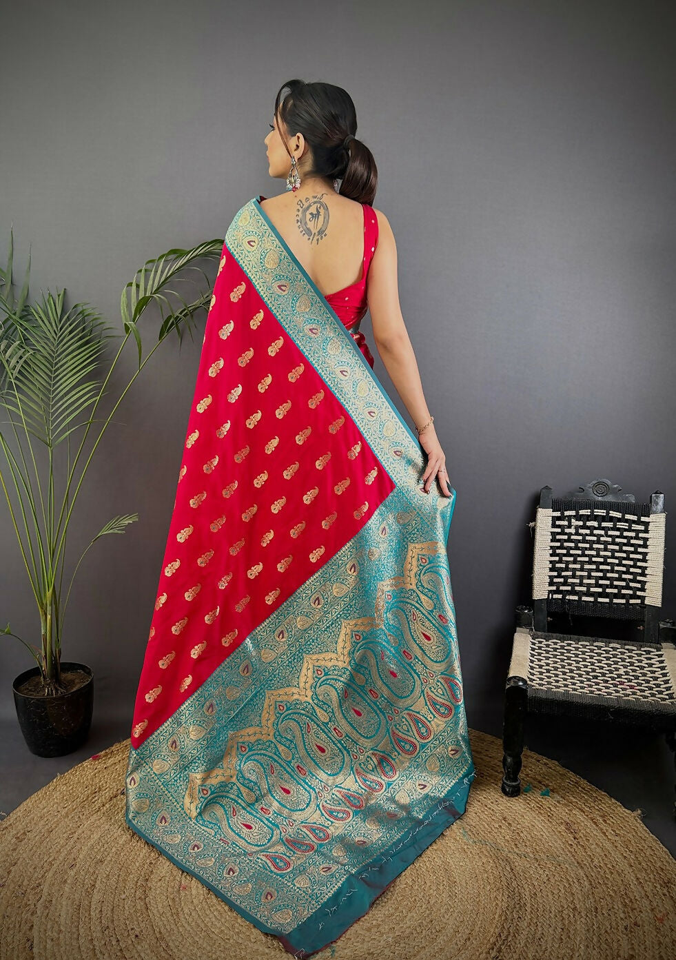 Joban Fashion Banarasi Red Woven Butti Soft Silk Saree | Grocsy