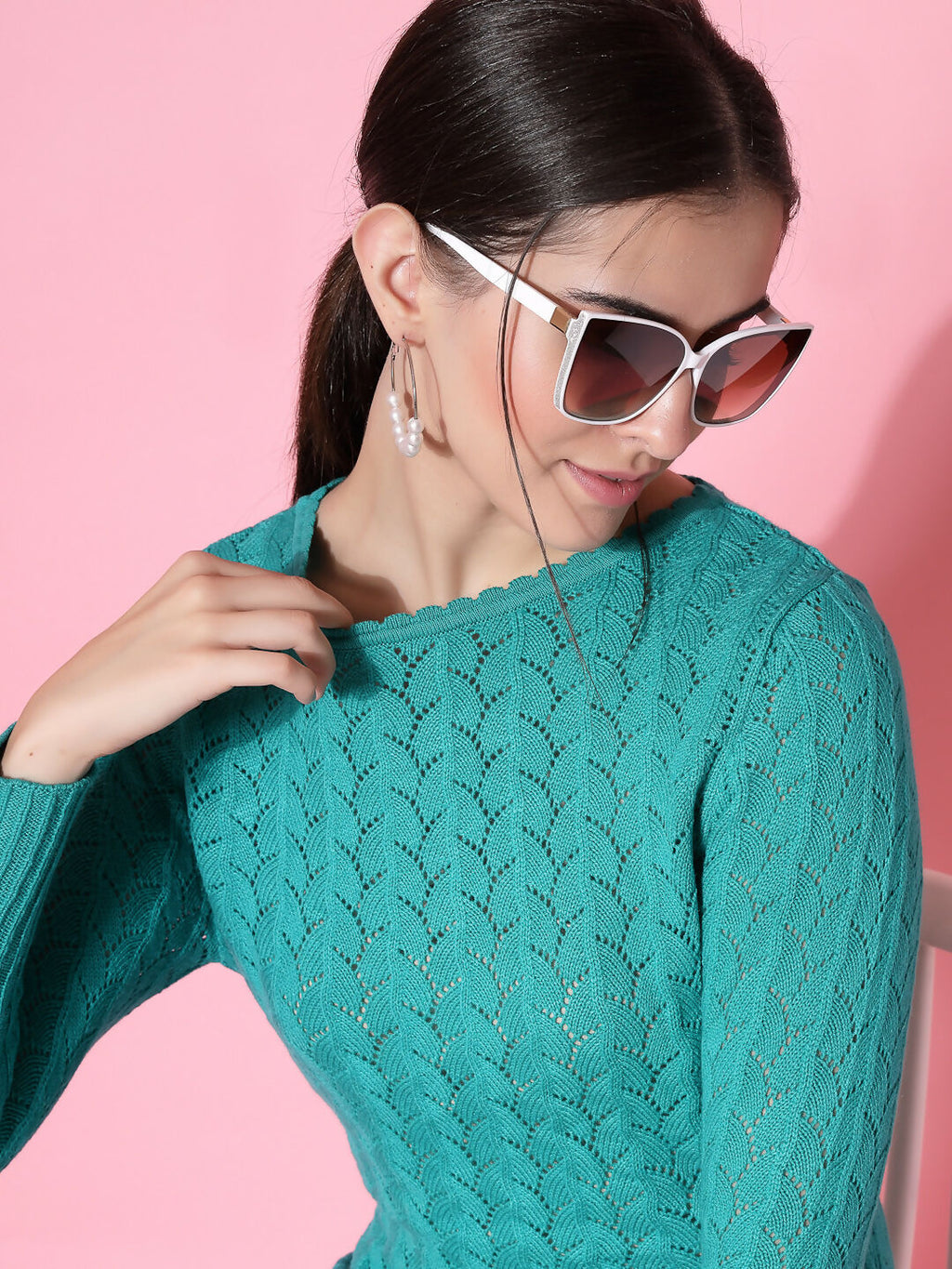 Women Green Acrylic Self Design Winter Dress - Wool Trees | Grocsy