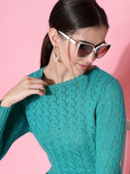 Women Green Acrylic Self Design Winter Dress - Wool Trees | Grocsy