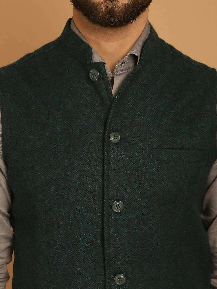 Even Apparels Pure Wool Nehru Jacket - Green | Grocsy