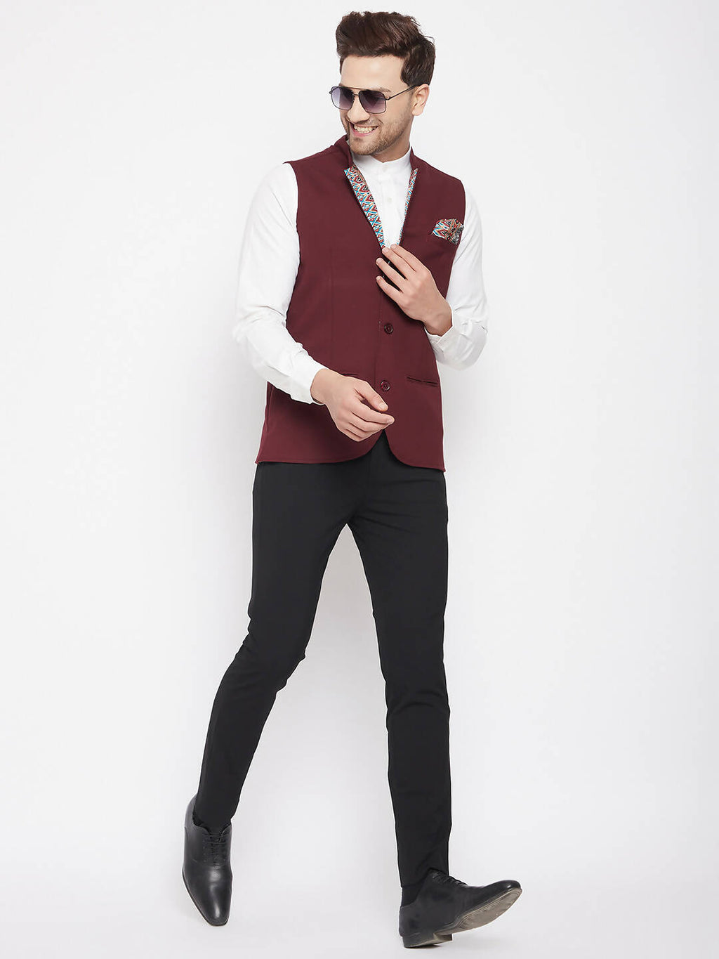 Even Apparels Maroon Merino Men's Nehru Jacket-Contrast Lining-Inbuilt Pocket Square | Grocsy