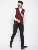 Even Apparels Maroon Merino Men's Nehru Jacket-Contrast Lining-Inbuilt Pocket Square | Grocsy