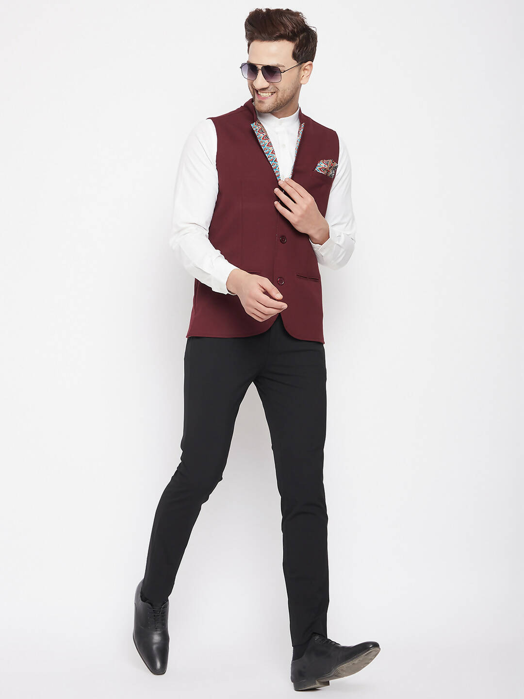 Even Apparels Maroon Merino Men's Nehru Jacket-Contrast Lining-Inbuilt Pocket Square | Grocsy