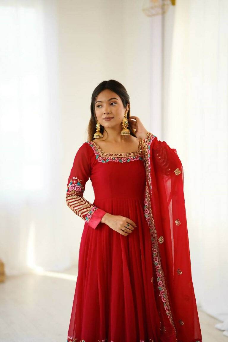 Teeya Creation Red Color Heavy Georgette Wedding Wear Embroidery Work Long Gown | Grocsy