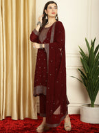 Jyoti Fashion Women's Maroon Georgette Resham Thread & Sequin Kurta with Trouser & Dupatta | Grocsy