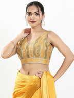 Joban Fashion Yellow Multi Silk Padded Blouse With V Neck Sleeveless | Grocsy
