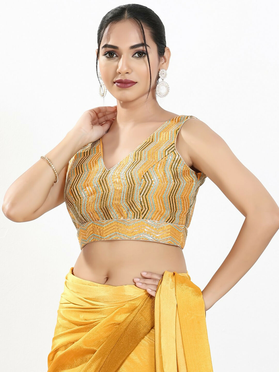 Joban Fashion Yellow Multi Silk Padded Blouse With V Neck Sleeveless | Grocsy