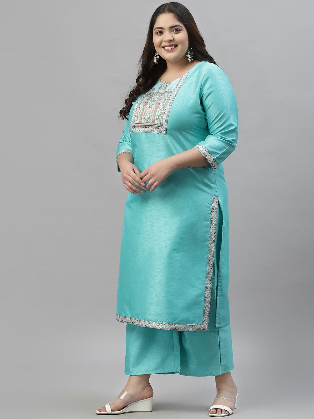 Sztori Plus Size Ethnic Motifs Yoke Design Straight Kurta With Palazzos | Grocsy