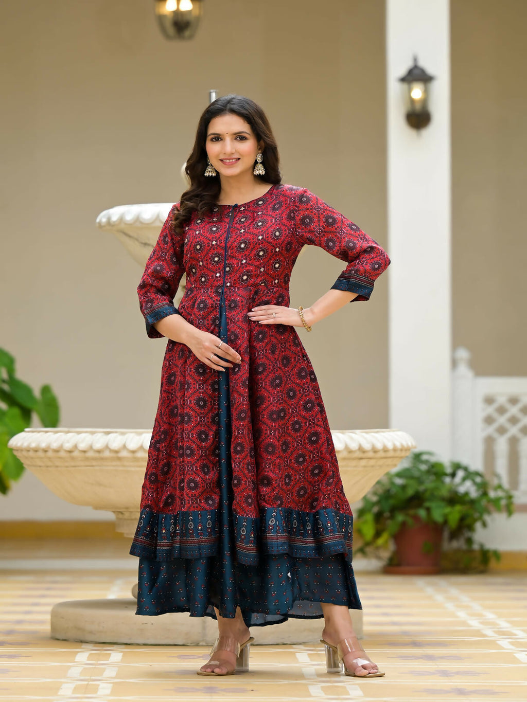 Juniper Women's Red Ethnic Motif Printed Cotton Maxi Dress With Button | Grocsy