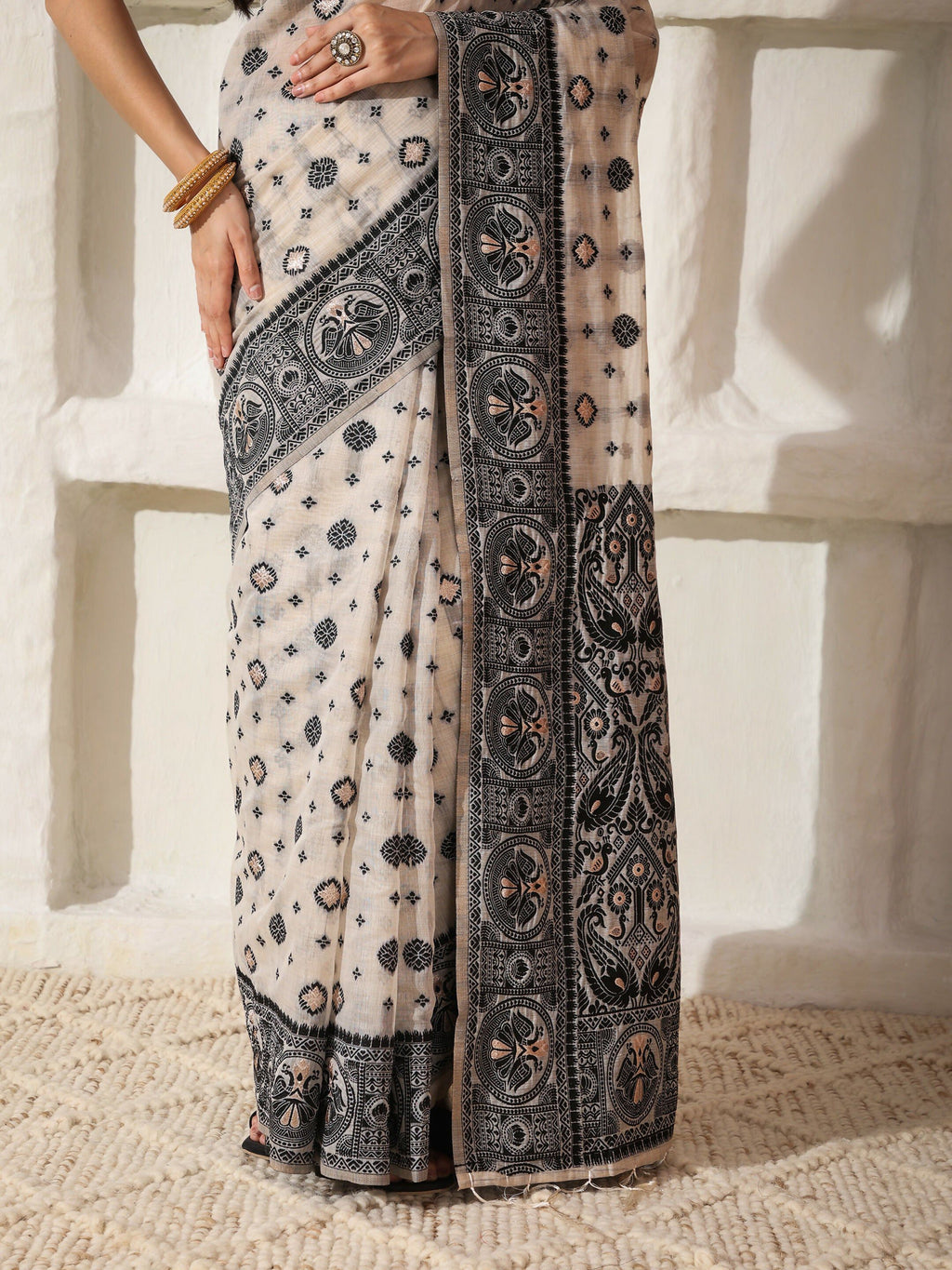 Shree Shyam Fashion Linen Cotton Black & Cream Saree | Grocsy