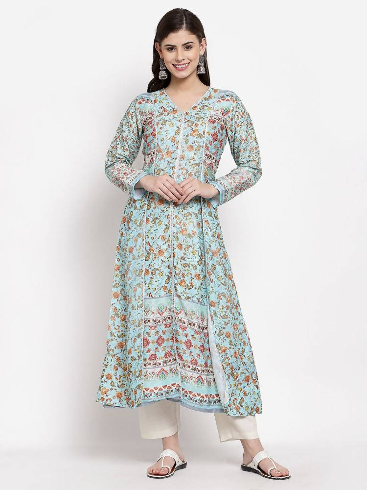 Myshka Women's Multi Cotton Printed Full Sleeve V Neck Casual Kurta | Grocsy