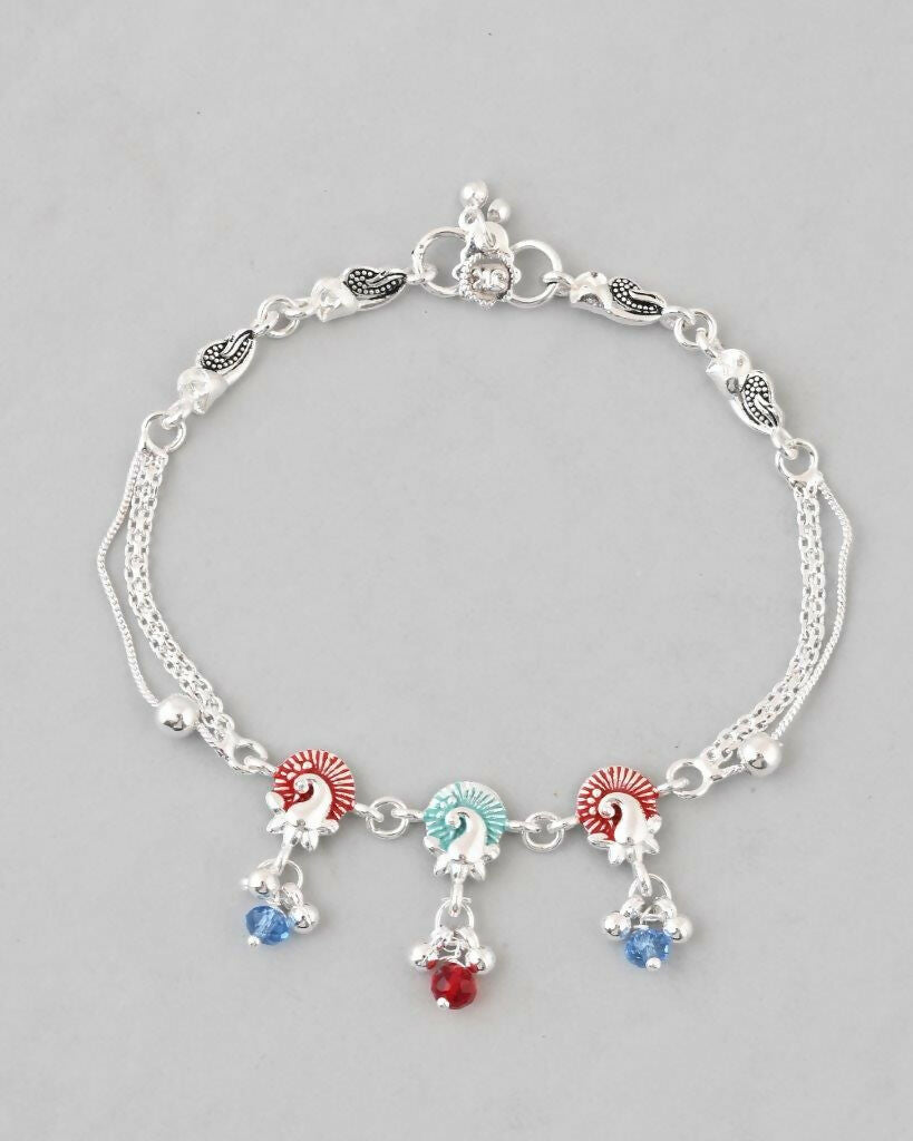 VOJ Set of 2 Silver Plated Peacock Shaped Multi Color Anklet | Grocsy