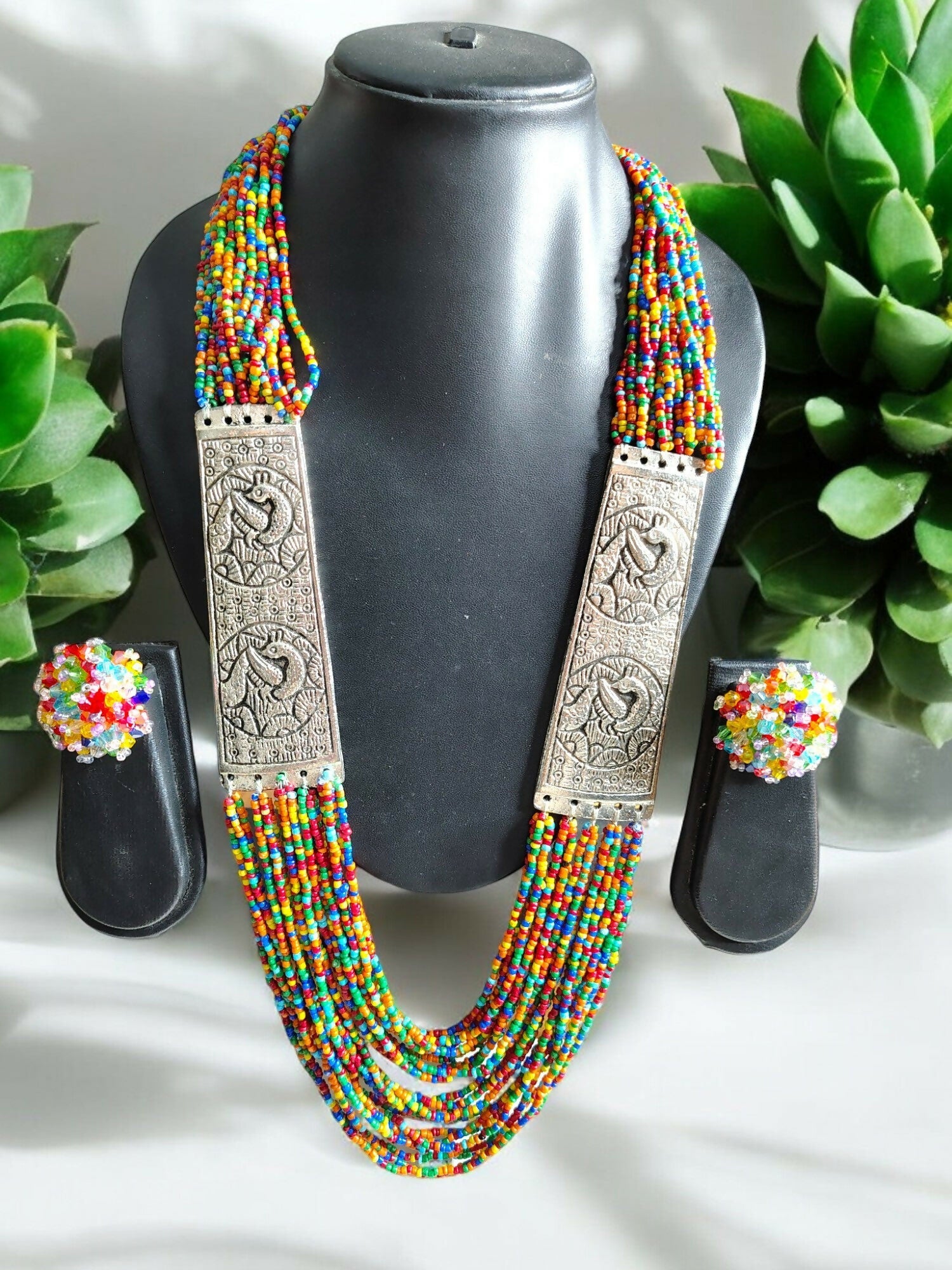 Inhanns Saree Shobha Statement Necklace & Earring Set - Multicolour Necklace With Earrings | Grocsy