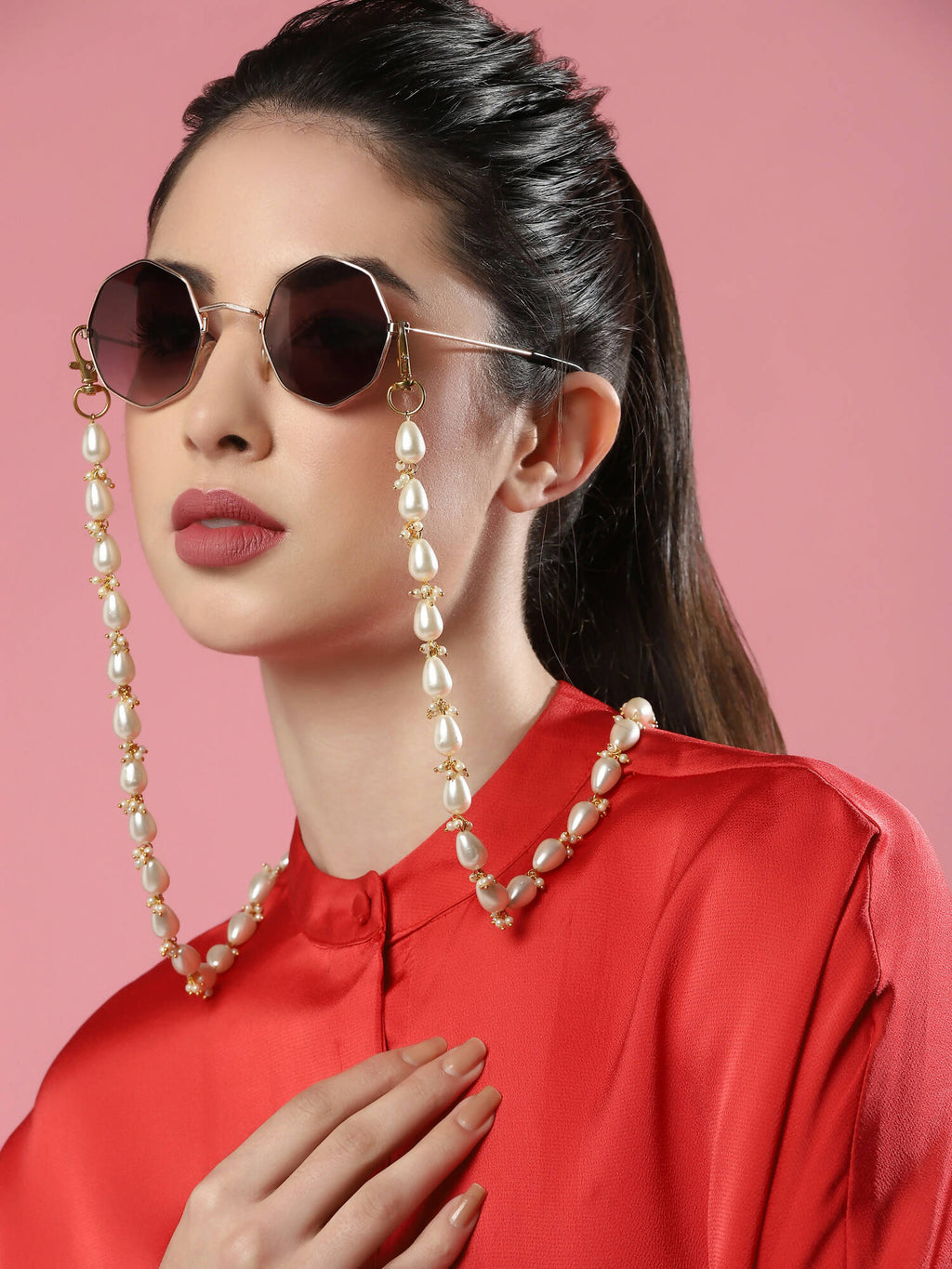 Gold-Toned White Embellished Mask Chain - Ruby Raang | Grocsy