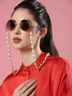 Gold-Toned White Embellished Mask Chain - Ruby Raang | Grocsy