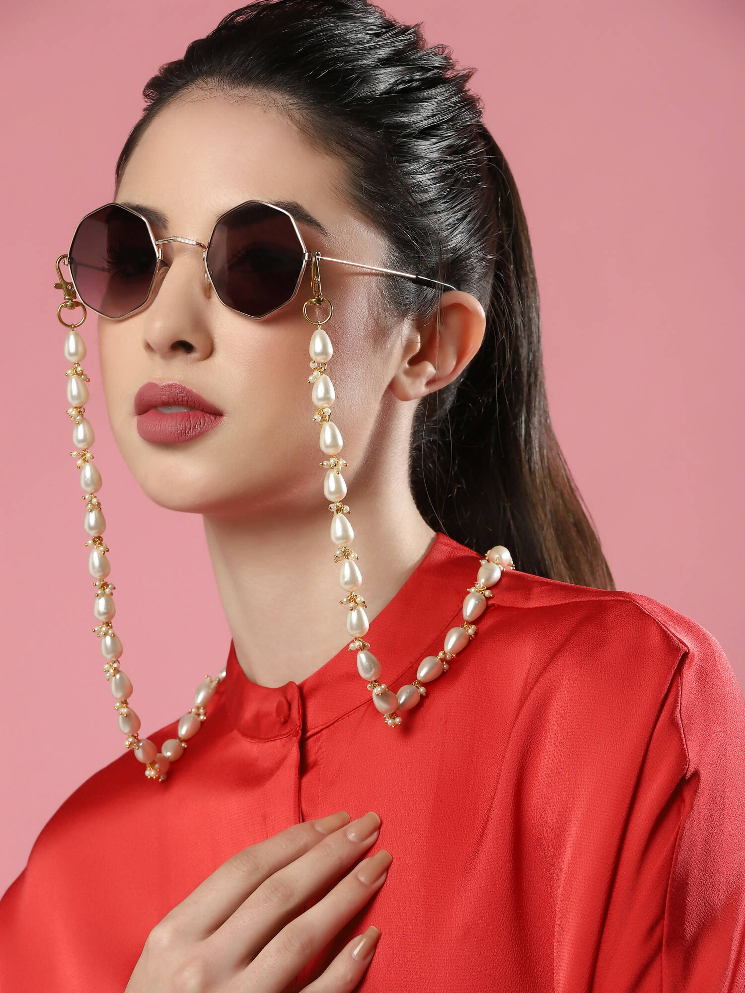 Gold-Toned White Embellished Mask Chain - Ruby Raang | Grocsy
