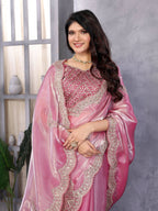 Vastranavya Baby Pink Embroidery Work Shimmer Chiffon Saree with Unstitched Blouse | Grocsy