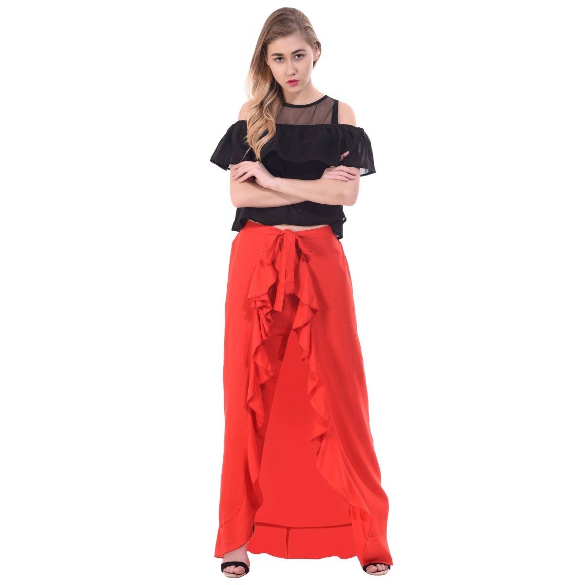 Asmaani Red Color Plain Ruffle Palazzo | Grocsy