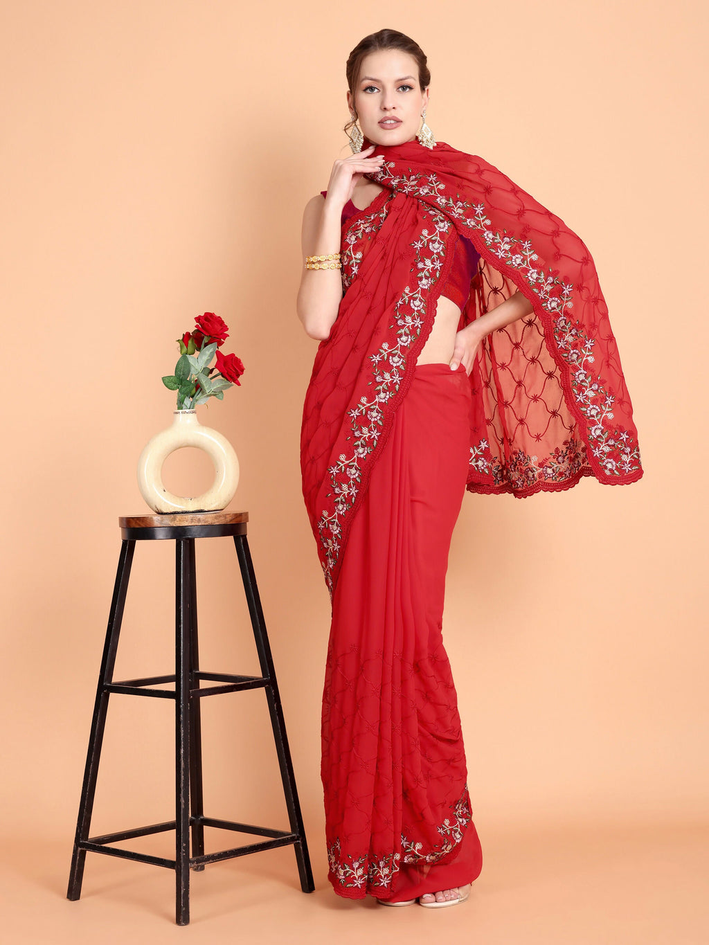 Vamsee Ammelia Red Georgette Saree | Grocsy