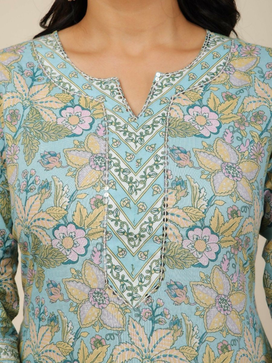 Aramya Blue Soft Cotton Floral Straight Kurta for Women | Grocsy