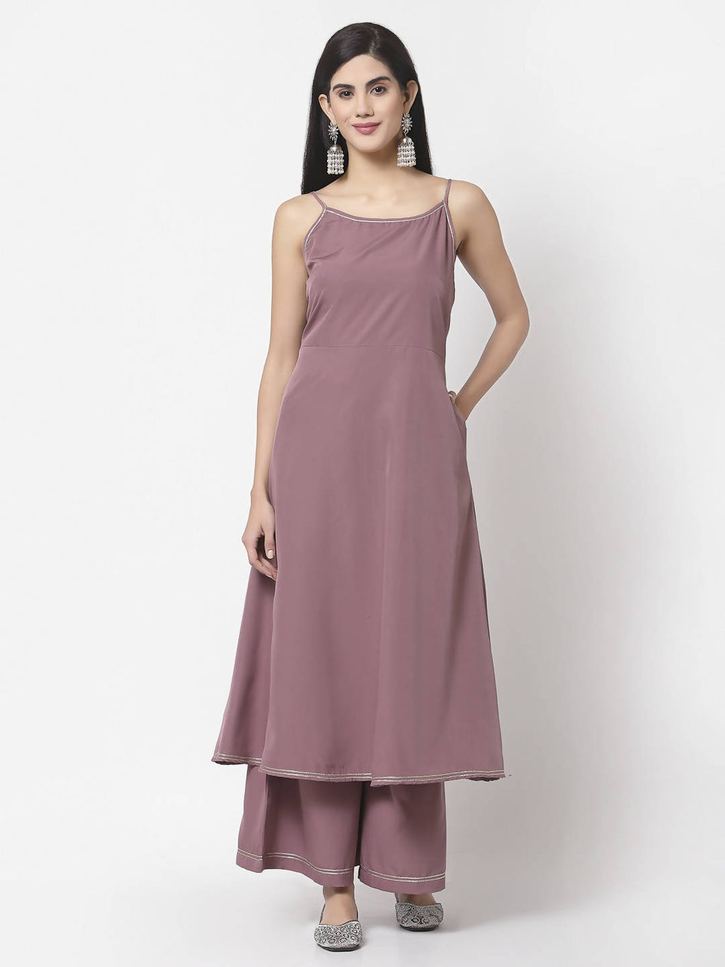 Myshka Women Mauve Silk Blend Solid Sleeveless Round Neck Neck Kurta Palazzo Dupatta Set | Grocsy